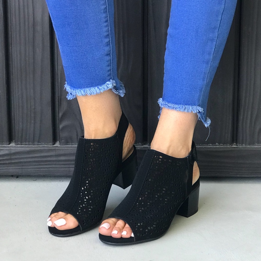 Black Floral Cut Out Perforated Peep Toe Shootie - Picture 5 of 7